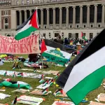 Pro-Palestinian students occupy a central lawn on the Columbia University campus for the fifth day in New York on April 21, 2024.