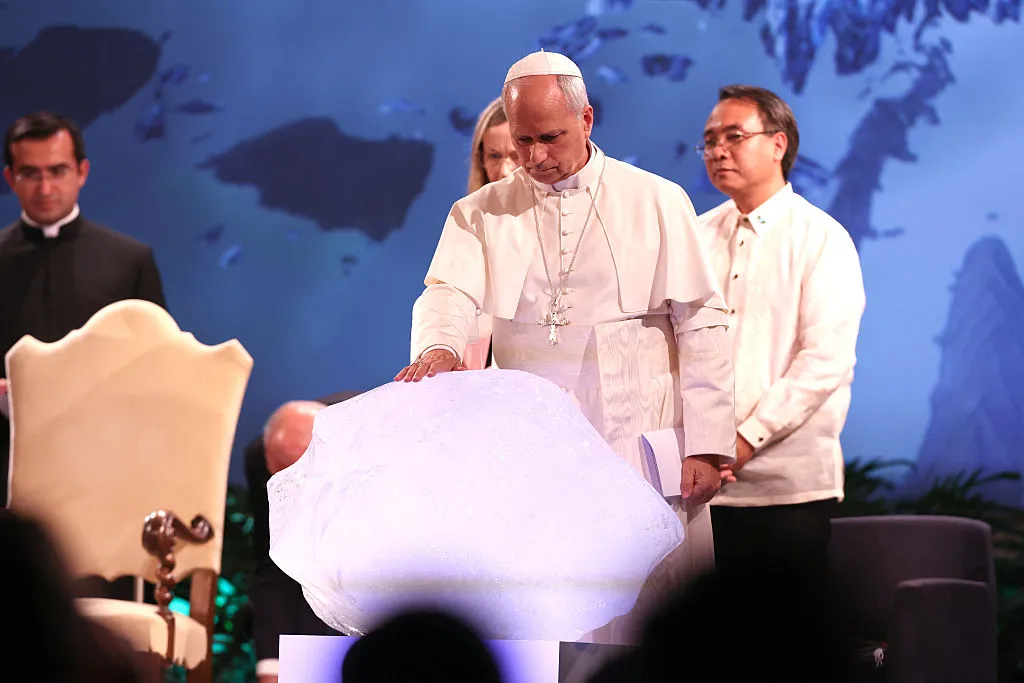 CASTELGANDOLFO, ITALY - 2025/10/01: Pope Leo XIV blesses a piece of the glacier from Greenland during the international conference. Pope Leo XIV takes part in the *"Raising Hope for Climate Justice"* International Conference, marking its tenth anniversary, organized by the Laudato Si