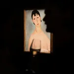 A painting of a woman with a person standing with a wine glass in shadow in front of it.