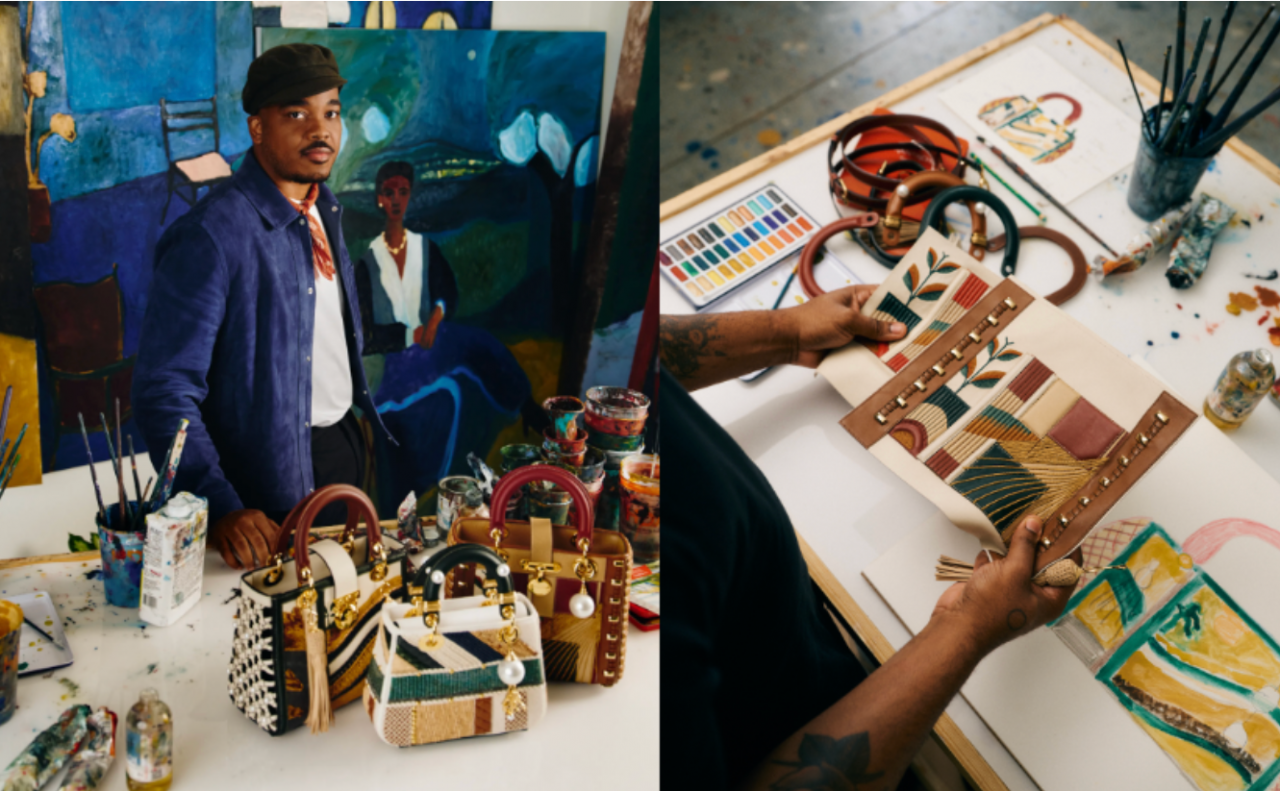An artist in his studio with fancy handbags.