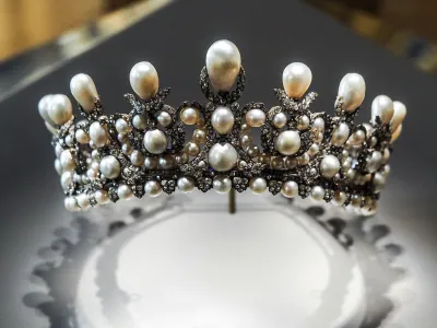 Empress Eugenie s diadem of pearls exhibited in the Apollo s Galery housing the royal collection of gems and diamonds from the French crown in Paris in France on May 20 of 2021. (Photo by Maeva Destombes / Hans Lucas via AFP) (Photo by MAEVA DESTOMBES/Hans Lucas/AFP via Getty Images)