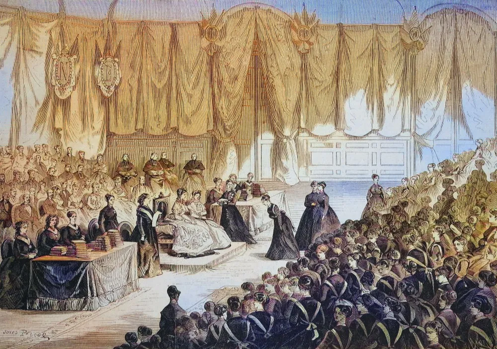 Empress Eugenie de Montijo, Maria Eugenia Ignacia Agustina de Palafox Portocarrero de Guzman y Kirkpatrick presides over the award ceremony at the Imperial Institution of Honor Region in Saint Denis, 1869, France, Historical, digitally restored reproduction of an original artwork from the 19th century, exact original date unknown. (Photo by: Bildagentur-online/Universal Images Group via Getty Images)