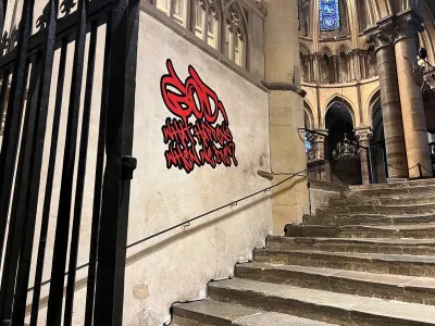 A decal in graffiti-like font reading