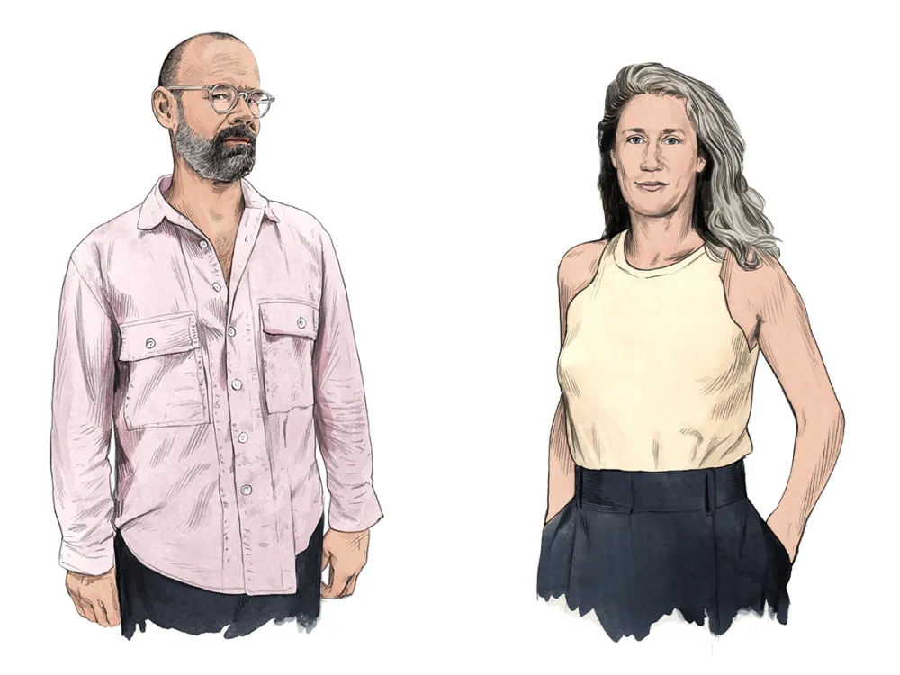 On the left, an illustration of a bald man with a beard and glasses, wearing a light pink button down shirt, looking somewhat skeptical. On the right, an illustration of a woman with shoulder-length hair, a yellow sleeveless top, and a black skirt, with her hands in her pockets