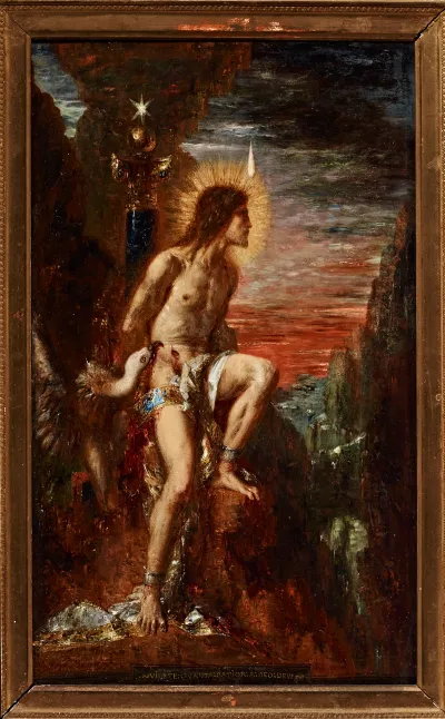 A painting of Prometheus chained to a rock as a bird plucks at his wound.