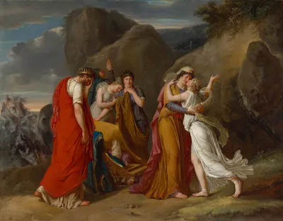 An 18th-century painting showing two Greco-Roman dressed figures dancing as others look on. They are shown in a landscape.