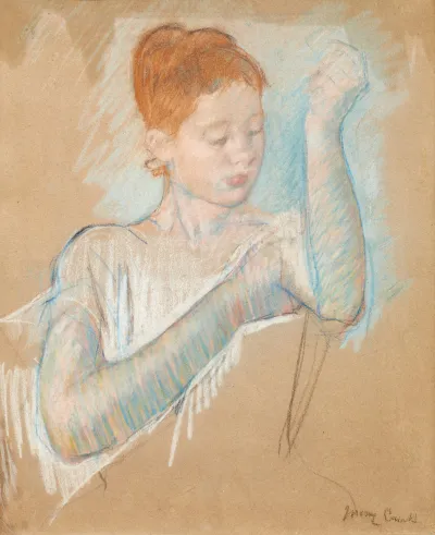 A pastel drawing on yellowed paper showing a young girl putting on arm-length gloves.