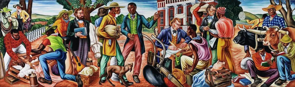 A long mural depicting a group of people in line to sign up for admission to Talladega College.