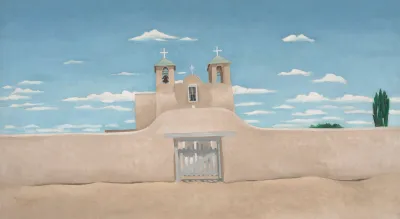 A painting showing a church in the Southwest US.
