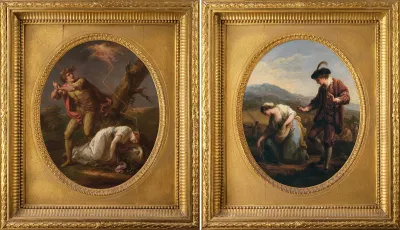 A composite painting showing two mythological paintings in gold frames.