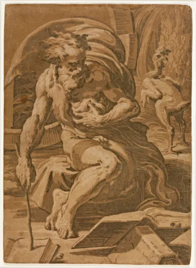 A woodcut print showing the Greek philosopher Diogenes holding a conch shell in one hand and a stick in another. He reads an open book.