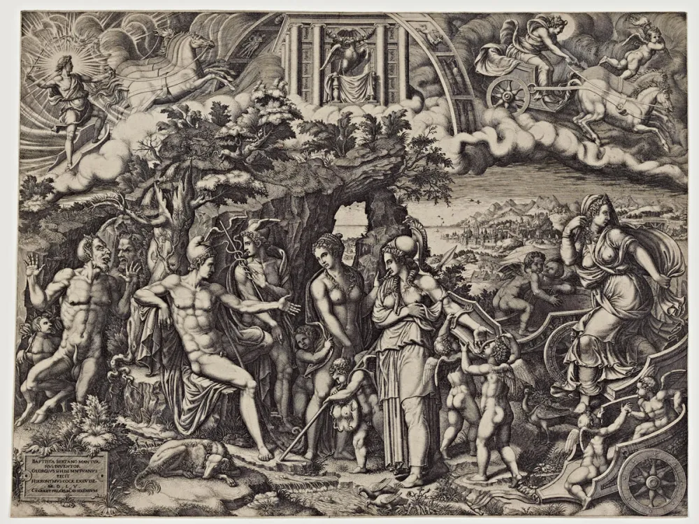 An engraving showing Paris judging which of three Greek goddesses is the fairest.
