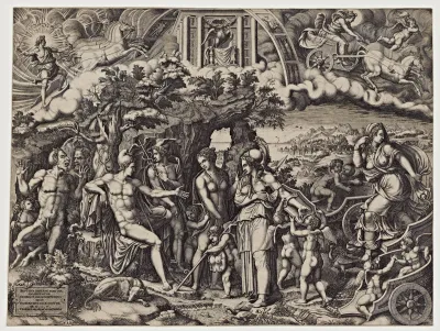An engraving showing Paris judging which of three Greek goddesses is the fairest.