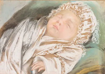 A pastel drawing of a baby sleeping.
