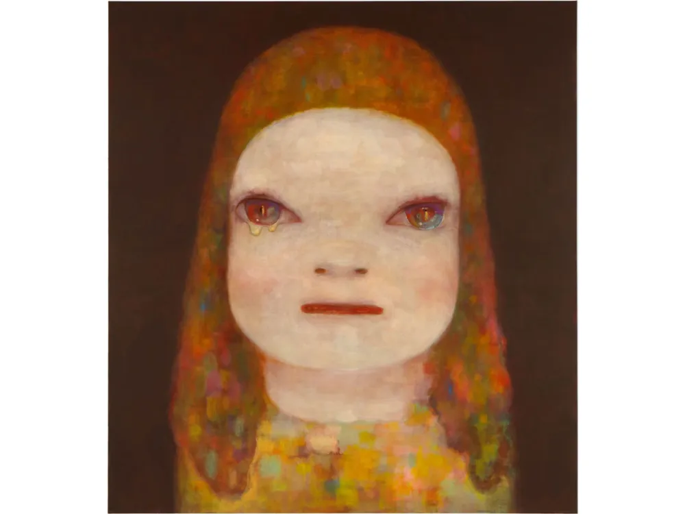 A painting of a young girl with banged hair who is crying.