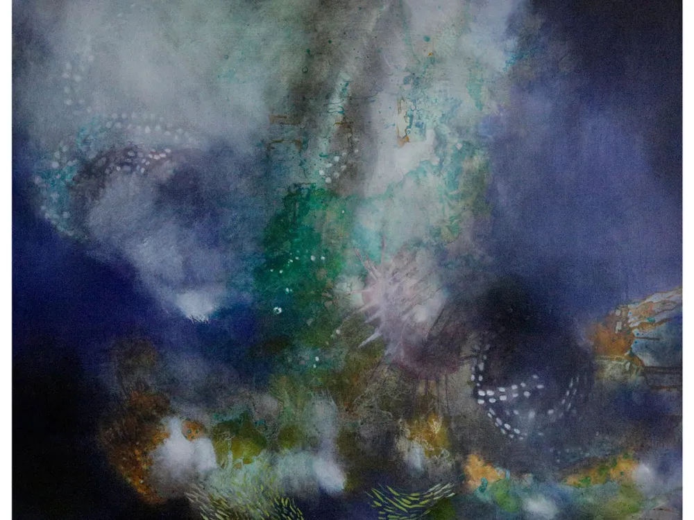 An abstract painting that looks like a moody, cloudy sky or sea.