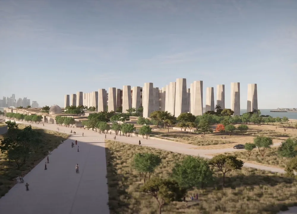 A mock-up of a museum with a long pathway leading to it.