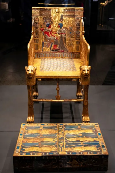 The Golden Throne and Footstool at the King Tutankhamun exhibition hall of the Grand Egyptian Museum in Giza, Egypt.