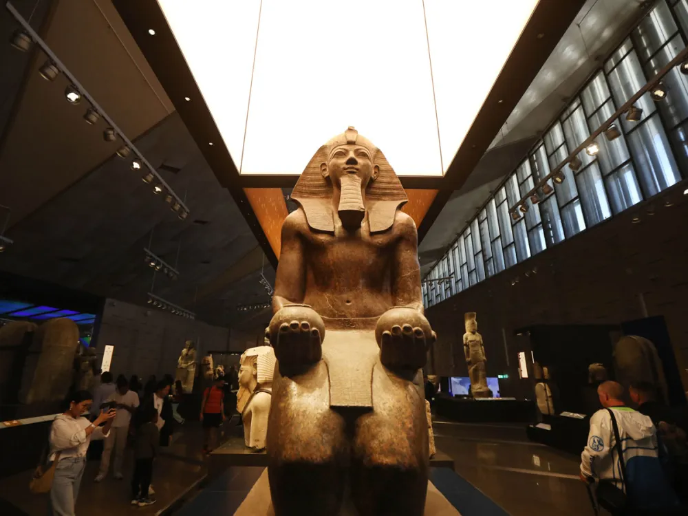 Artifacts are displayed at the Grand Egyptian Museum in the Greater Cairo, Egypt, Dec. 23, 2025. The Grand Egyptian Museum opened its doors to the public on Nov. 4, establishing itself as one of the world