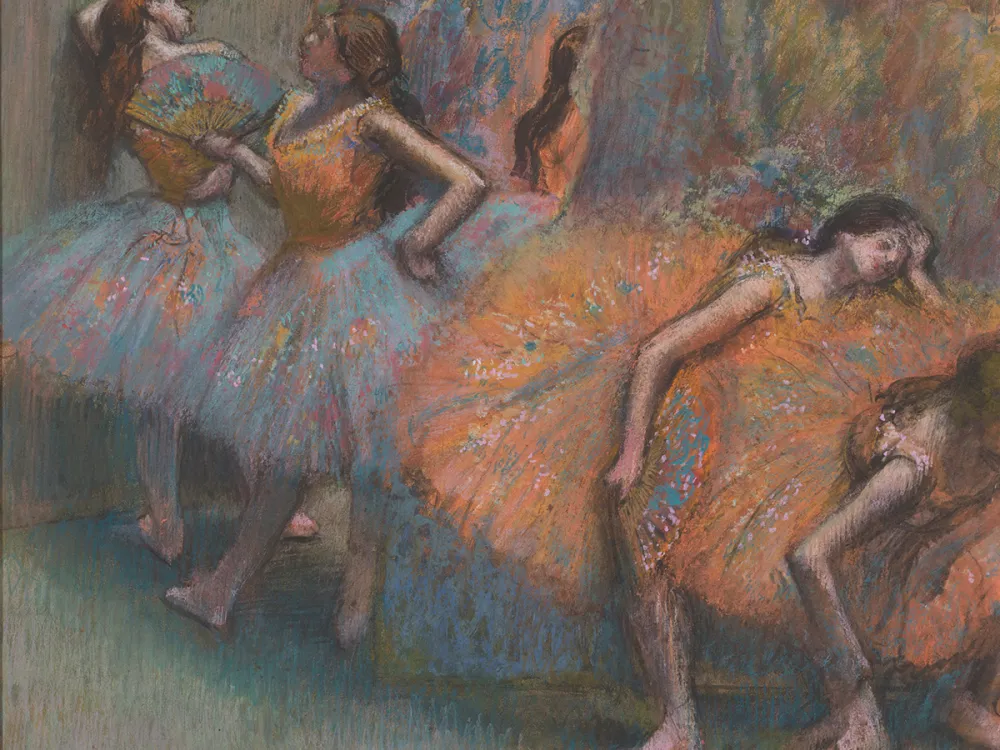 pastel drawing of dancers backstage looking exhausted with orange and blue tutus