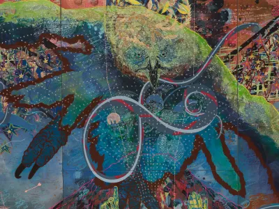 A painting of an owl flying over a warping grid superimposed over various abstract forms.