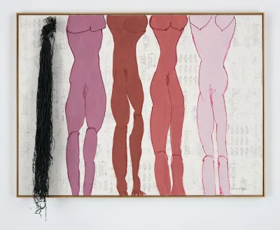 A painting of four headless nude woman with a bundle of yarn extending from the canvas.