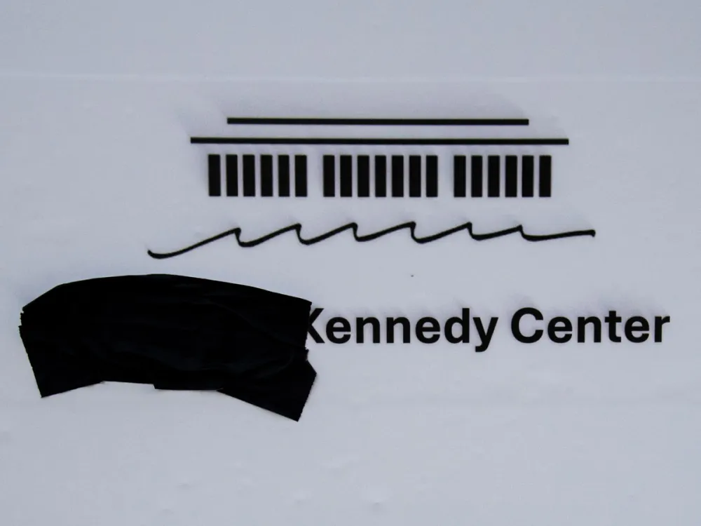 WASHINGTON, DC - JANUARY 17: A close up view of a sign for The Trump Kennedy Center with its official logo with black tape covering 