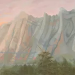 A lansdcape painting of a mountain at sunset onto which an Indigenous pattern has been overlaid in the bottom left.