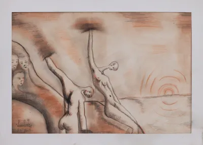 A drawing of two nude figures with their hands disappearing into a beige background.