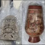 (right) A Maya painted vessel, and (left) a Zapotec funerary urn