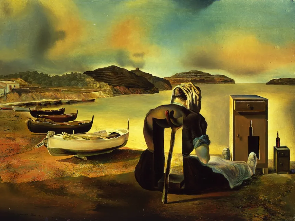 A surrealist painting of a hollow figure, propped up by a crutch with a bandage around its head. To the left, four boats line the short of a murky sea.