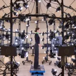 A woman standing in a full-body scanner.