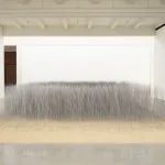 An installation consisting of strands of iron, resembling grains of wheat, in a field of sand.