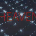 An artwork shows the word heaven spelled out in red in all capital letters, superimposed on an aerial view of a city