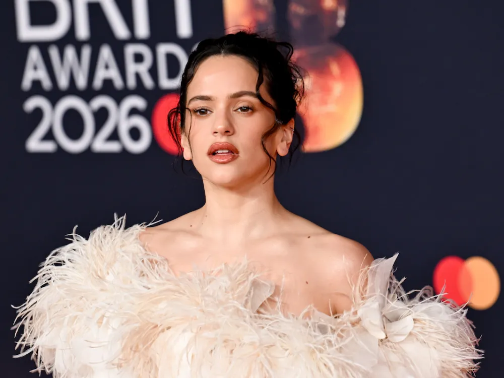 A woman in a feathery white gown on a red carpet.