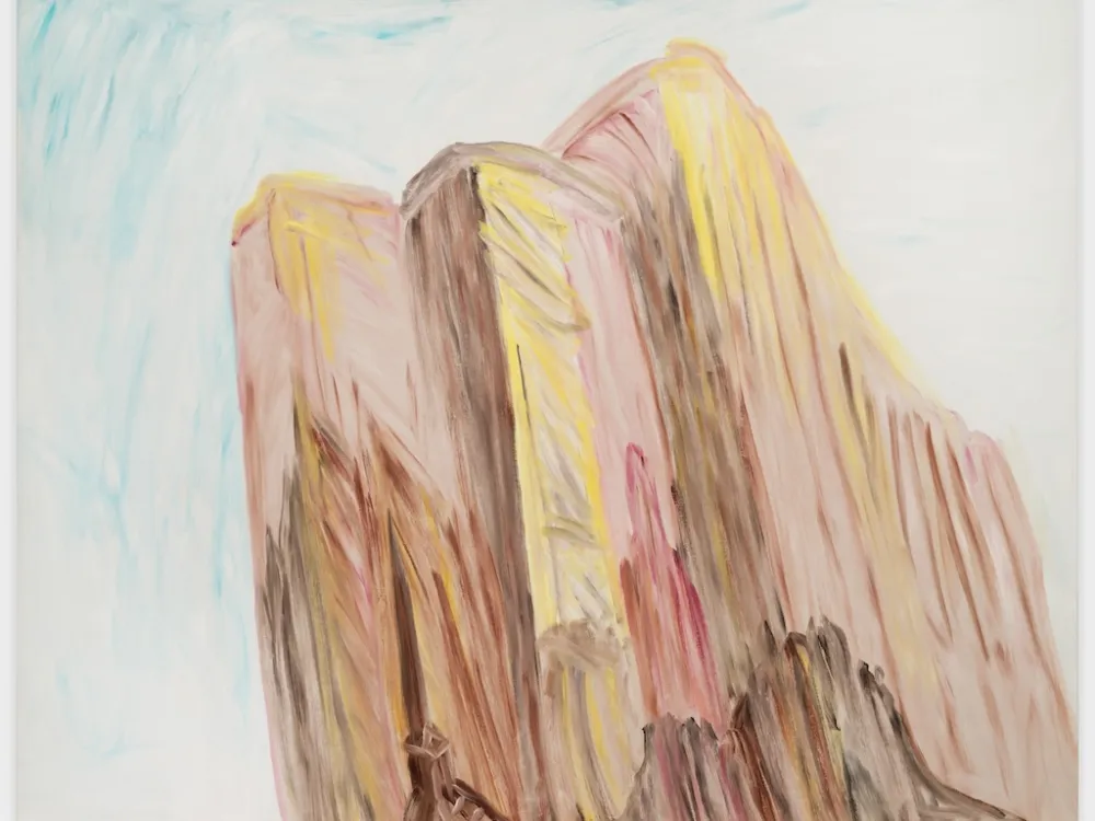 A slightly abstract painting of a building in Manhattan.