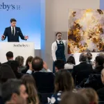 An auctioneer stands behind a podium with the word "Sotheby