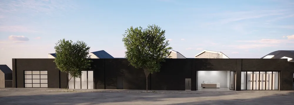 A rendering of a sleek, long, one story building with two trees in front and a blue sky in the background.