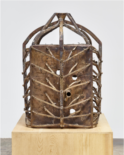 A metal, cage-like sculpture