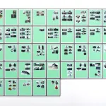 A photographic installation consisting of various images of cameras on an uneven grid with a sea foam green background.