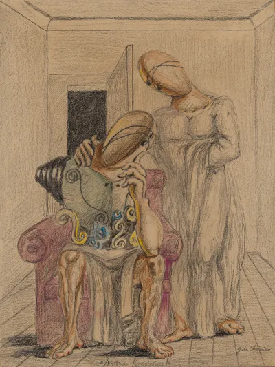 A drawing of two mannequin-like figures, one seated with the other standing and comforting the seated one.