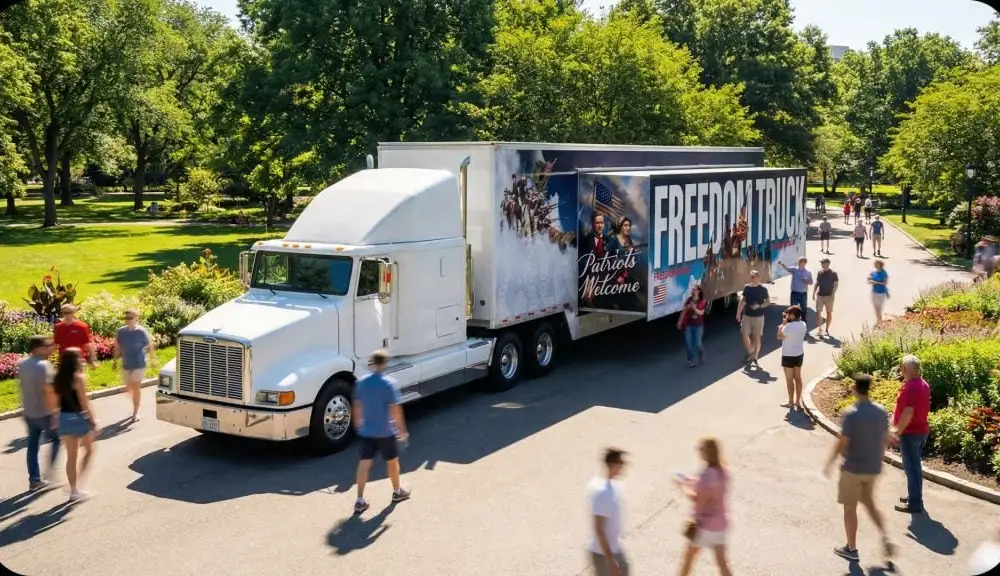 A photo shows a flatbed truck emblazoned with the words 
