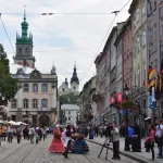 A photo shows the historic architecture of the city center of Lviv, Ukraine