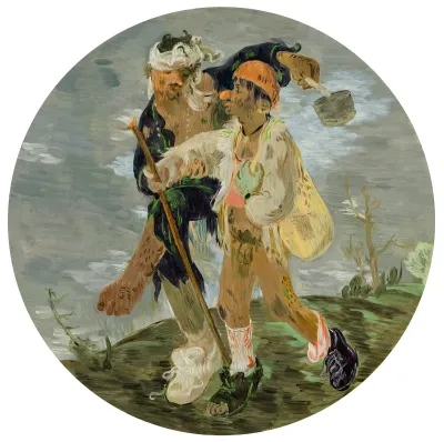 A painting of two beggars in torn clothing skipping through a field.