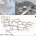 three images showing an archaeological site. One is a map, one an aerial view of the site, one a detailed drawing of where the loom was found