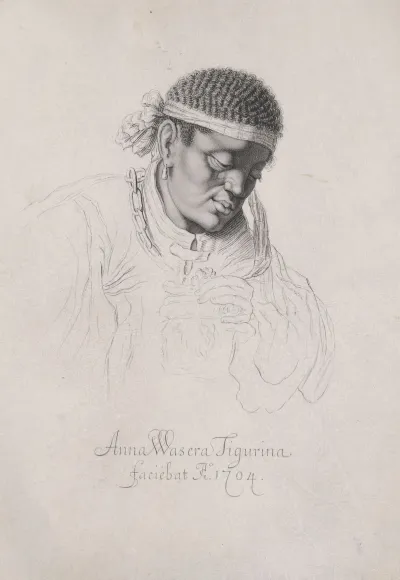 A black-and-white drawing of a Black man, whose face is complete but whose robes are just a few sketched lines. A set of chains is around his neck.