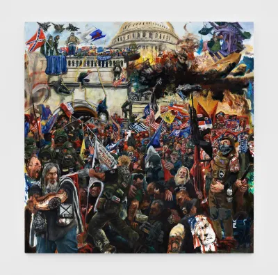 A crowd of people in front of a domed building. Some people have begun ascending the building.