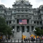 Vietnamese-American activists march outside Eisenhower Executive Office Building of the White House as U.S. President Barack Obama meets with General Secretary Nguyen Phu Trong of the Communist Party of Vietnam in the Oval Office July 7, 2015 in Washington, DC. The activists protested against the Community Party of Vietnam and called for human rights in the country.  (Photo by Alex Wong/Getty Images)