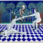 A painting shows one woman rising out of the ribcage of a sleeping woman, reaching out to another woman, seated nearby, on a gridded tiled floor, with trees in the background.