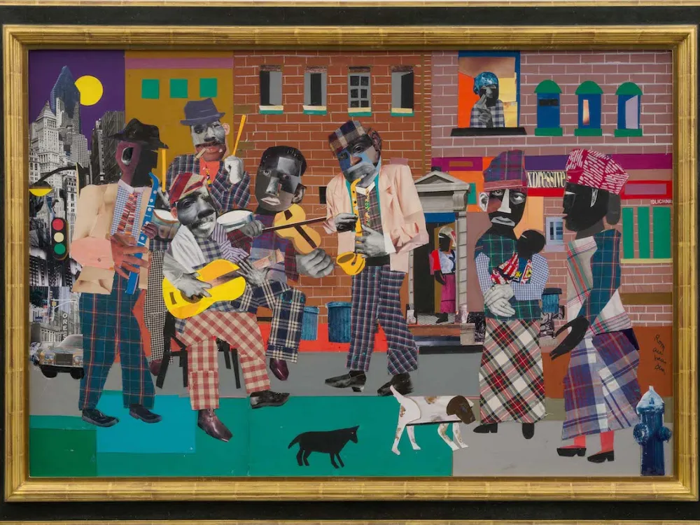 A collage showing people playing instruments together on a city street.